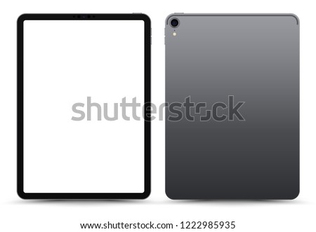 Realistic 11 inch Scalable Tablet. Grey  Space Gray Drawing Pad. Blank Screen Isolated. Front and Back Display View. High Detailed Device Mockup. Separate Groups and Layers. Easily Editable Vector.