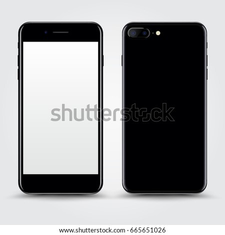 High Detailed Realistic Black Smartphone with White Screen Isolated on Background. Front and Back View For Print, Web, Application. Device Mockup Separate Groups and Layers. Easily Editable Vector.