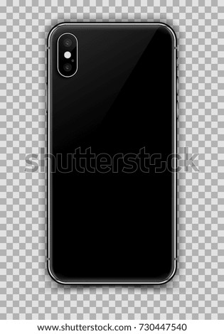 Realistic Black Smartphone isolated on Transparent Background. Back or Rear View For Print, Web, Application. Device Mockup Separate Groups and Layers. Easily Editable Vector Illustration.