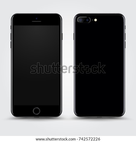 Realistic Jet Black Smartphone with Blank Screen isolated on Background. Front and Back View For Print, Web, Application. High Detailed Device Mockup Separate Groups and Layers. Easily Editable Vector