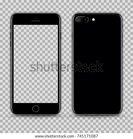 Realistic Jet Black Smartphone with Transparent Screen Isolated. Front and Back Display View For Print, Web, Application. High Detailed Device Mockup Separate Groups and Layers. Easily Editable Vector