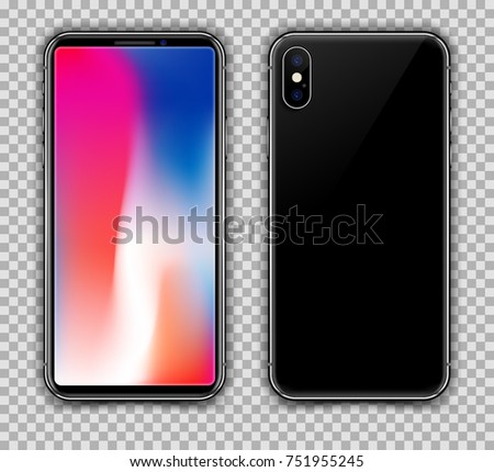 Realistic Black Slim Smartphone Blurred Screen Isolated on Transparent. New Version. Front and Back View Display. High Detail Device Mockup Separate Groups and Layers. Easily Editable Vector EPS 10.