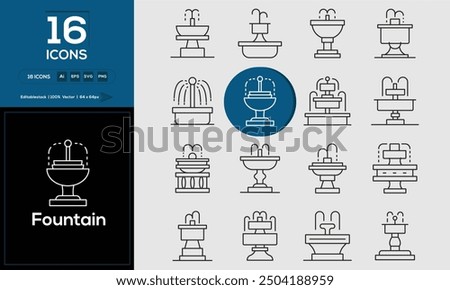 Fountain set of outline icons related to analysis, infographic, analytics. Editable stroke. Vector illustration. 