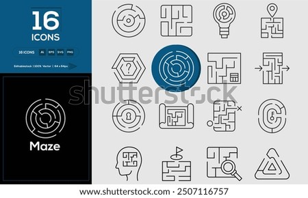 Maze set of outline icons related to analysis, infographic, analytics. Editable stroke. Vector illustration.