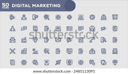 Set of 50 outline icons related to Digital Marketing. Linear icon collection. Editable stroke. Vector illustration