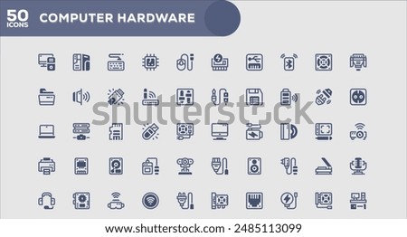 Set of 50 outline icons related to Computer Hardware. Linear icon collection. Editable stroke. Vector illustration