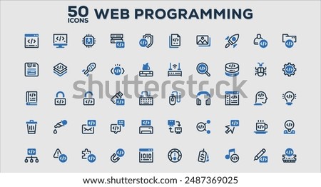 Set of 50 outline icons related to Web Programming. Linear icon collection. Editable stroke. Vector illustration