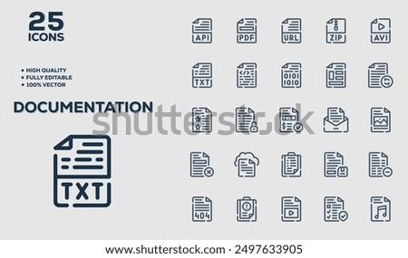 Set of 50 outline icons related to Documentation. Linear icon collection. Editable stroke. Vector illustration