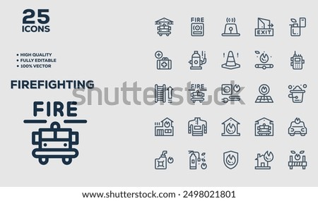 Set of 50 outline icons related to Fire Fighting. Linear icon collection. Editable stroke. Vector illustration