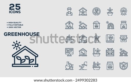 Set of 50 outline icons related to Green House. Linear icon collection. Editable stroke. Vector illustration