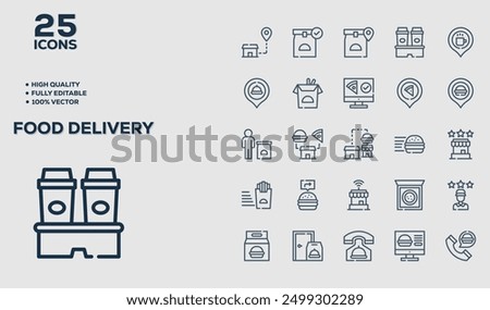 Set of 50 outline icons related to Food Delivery. Linear icon collection. Editable stroke. Vector illustration