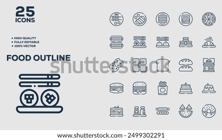 Set of 50 outline icons related to Food Outline. Linear icon collection. Editable stroke. Vector illustration