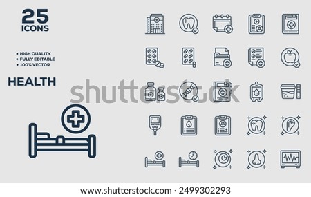 Set of 50 outline icons related to Health. Linear icon collection. Editable stroke. Vector illustration