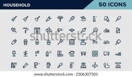 Household set of 50 outline icons related to Fitness. Linear icon collection. Editable stroke. Vector illustration