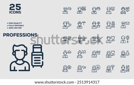 Set of 50 outline icons related to Professions. Linear icon collection. Editable stroke. Vector illustration