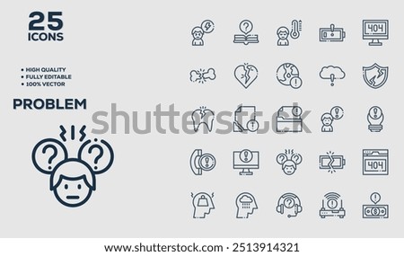 Set of 50 outline icons related to Problem. Linear icon collection. Editable stroke. Vector illustration