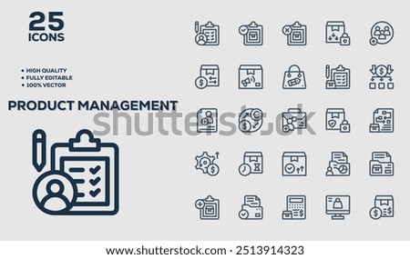 Set of 50 outline icons related to Product Management. Linear icon collection. Editable stroke. Vector illustration