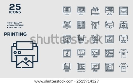 Set of 50 outline icons related to Printing. Linear icon collection. Editable stroke. Vector illustration