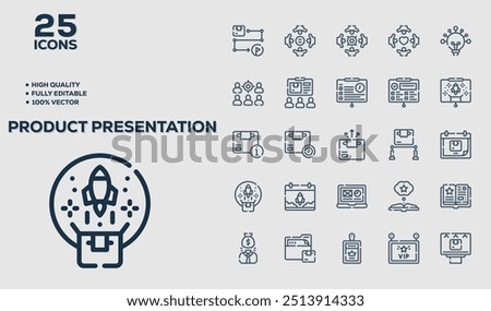 Set of 50 outline icons related to Product Presentation. Linear icon collection. Editable stroke. Vector illustration