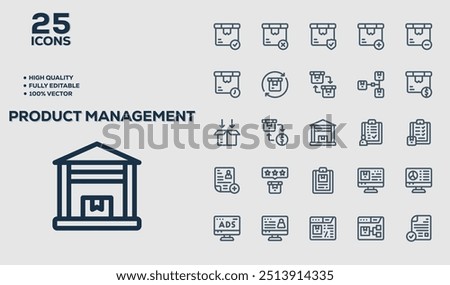 Set of 50 outline icons related to Product Management. Linear icon collection. Editable stroke. Vector illustration