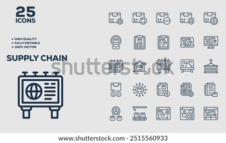 Supply Chain set of 50 outline icons related to Product Management. Linear icon collection. Editable stroke. Vector illustration