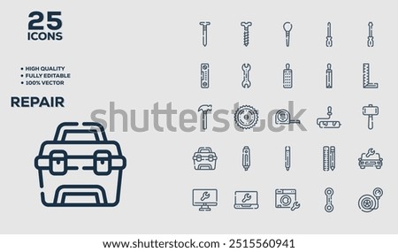 Repair set of 50 outline icons related to Product Management. Linear icon collection. Editable stroke. Vector illustration