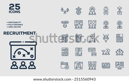 Recruitment set of 50 outline icons related to Product Management. Linear icon collection. Editable stroke. Vector illustration