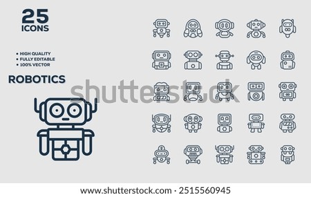 Robotics set of 50 outline icons related to Product Management. Linear icon collection. Editable stroke. Vector illustration