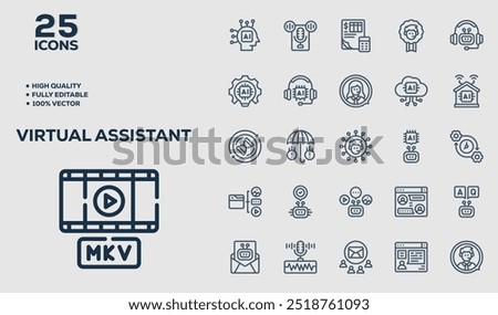 Set of 50 outline icons related to  Virtual Assistant. Linear icon collection. Editable stroke. Vector illustration