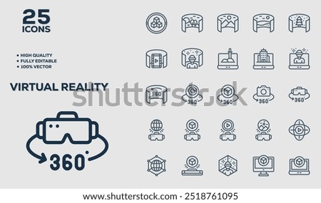 Set of 50 outline icons related to  Virtual Reality. Linear icon collection. Editable stroke. Vector illustration