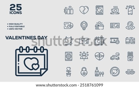 Set of 50 outline icons related to  Valentines Day. Linear icon collection. Editable stroke. Vector illustration