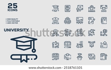 Set of 50 outline icons related to  University. Linear icon collection. Editable stroke. Vector illustration