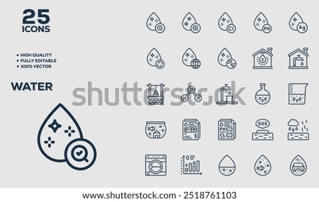 Set of 50 outline icons related to  Water. Linear icon collection. Editable stroke. Vector illustration