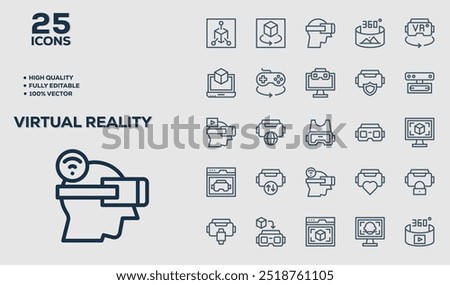 Set of 50 outline icons related to  Virtual Reality. Linear icon collection. Editable stroke. Vector illustration