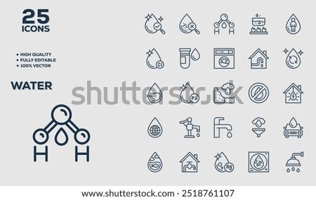 Set of 50 outline icons related to  Water. Linear icon collection. Editable stroke. Vector illustration