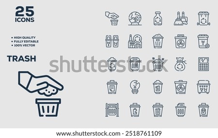 Set of 50 outline icons related to Trash. Linear icon collection. Editable stroke. Vector illustration