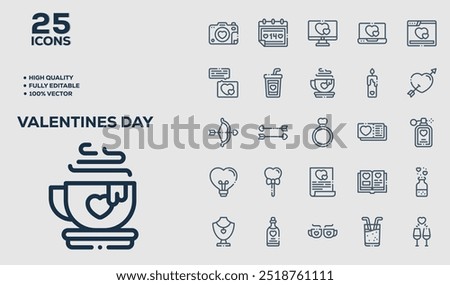 Set of 50 outline icons related to  Valentines Day. Linear icon collection. Editable stroke. Vector illustration