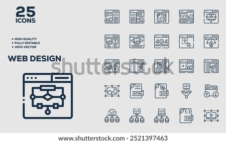 Set of 50 outline icons related to  Web Design. Linear icon collection. Editable stroke. Vector illustration