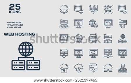 Set of 50 outline icons related to  Web Hosting. Linear icon collection. Editable stroke. Vector illustration