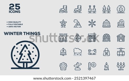 Set of 50 outline icons related to  Winter Things. Linear icon collection. Editable stroke. Vector illustration