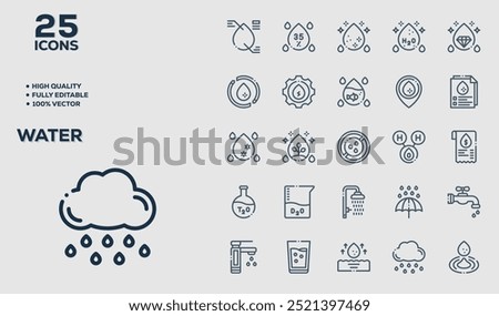 Set of 50 outline icons related to  Water. Linear icon collection. Editable stroke. Vector illustration