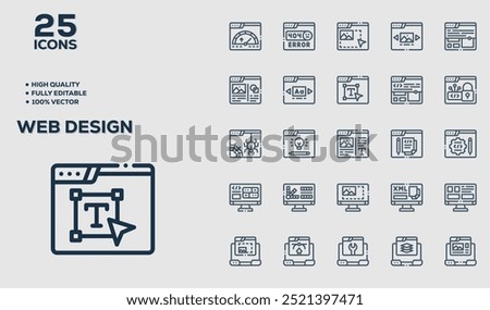 Set of 50 outline icons related to  Web Design. Linear icon collection. Editable stroke. Vector illustration