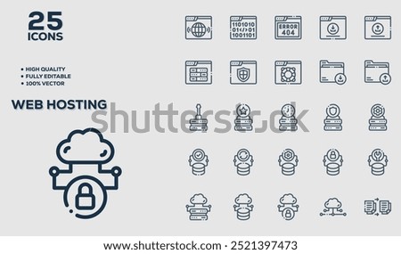 Set of 50 outline icons related to  Web Hosting. Linear icon collection. Editable stroke. Vector illustration