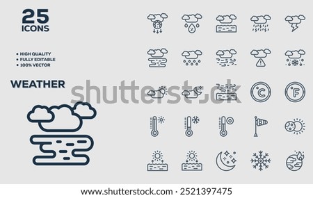 Set of 50 outline icons related to  Weather. Linear icon collection. Editable stroke. Vector illustration