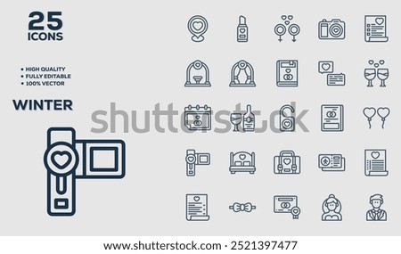 Set of 50 outline icons related to  Winter. Linear icon collection. Editable stroke. Vector illustration