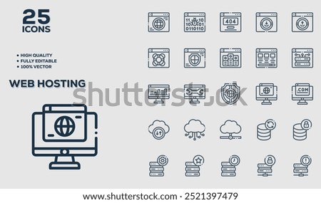 Set of 50 outline icons related to  Web Hosting. Linear icon collection. Editable stroke. Vector illustration