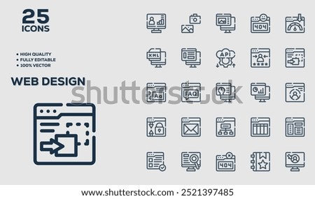 Set of 50 outline icons related to  Web Design. Linear icon collection. Editable stroke. Vector illustration