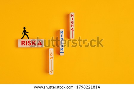 The words risk, medium, high and low written on wooden blocks with a stickman walking towrads the risk zone. Risk assesment, analysis or risk taking concept