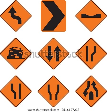 widening, left, right, depression, severe unevenness, horizontal curve delineator, curve and countercurve, pronounced, first to the left, orange signal, pictogram, preventive, icon, vector, orange