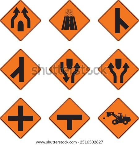 machinery on the road, right, left, end of road, end of pavement, intersection of roads, one-way separator, orange signal, pictogram, preventive, icon, vector, orange, rhombus, symbol